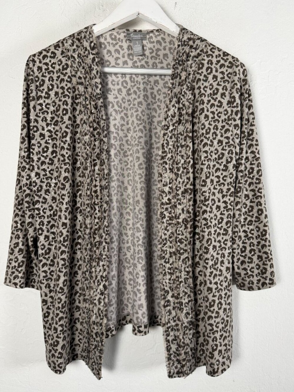 Travelers by Chico's Size 1 Leopard Print Open Cardigan Shimmer Ruffle Trim Top